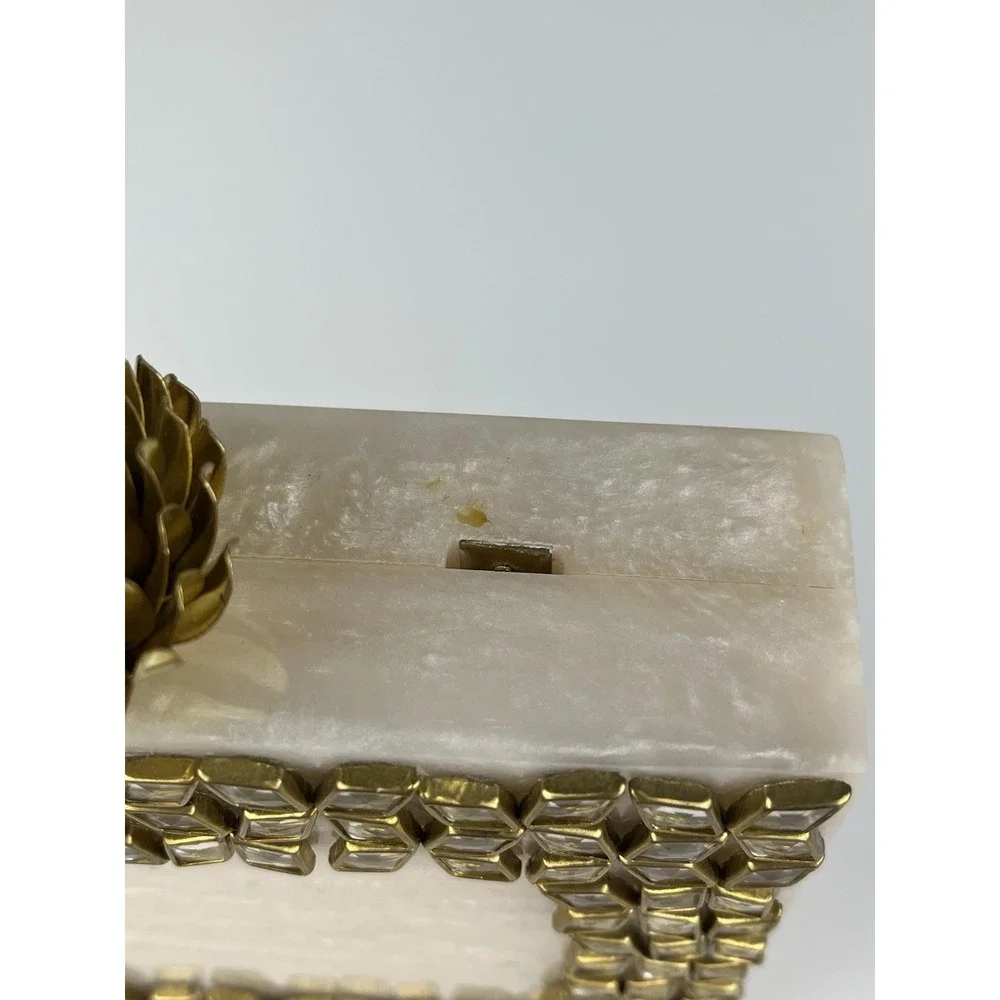 Kundan Mirror Rhinestone Clutch Resin Cream Marble Gold Tone Chain Boho Flower